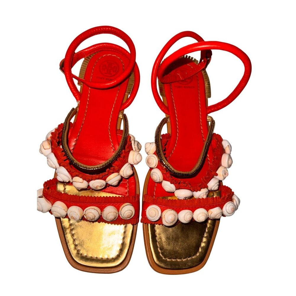 Tory Burch Shell Embellished Red Strappy Sandals Gold Accents Size 9 - Picture 2 of 6